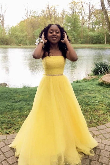 Yellow tulle long A line prom dress yellow evening dress HZ1023